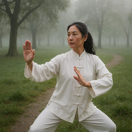 Woman practicing thai chi in the park with foggy background.