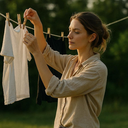 Young woman hanging clothes on a clothesline in the field at sunset