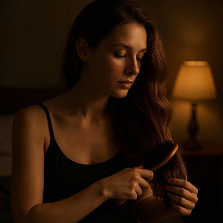 Young woman combing her long brown hair in the dark room.