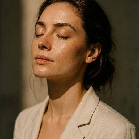 Portrait of a beautiful brunette woman in a beige jacket