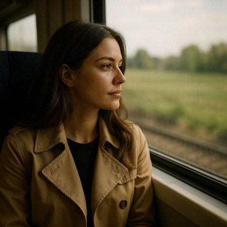 Beautiful girl in a brown coat sits in a train and looks out the window