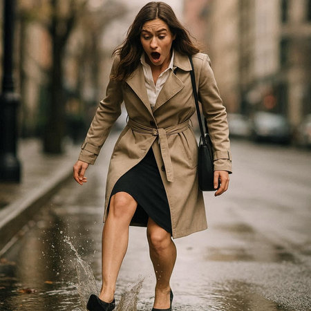 Portrait of a beautiful woman in a coat walking in the rainの写真素材
