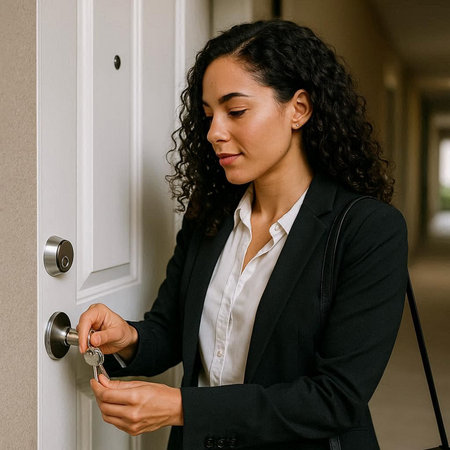 Young businesswoman opening a door with a key in her hand.