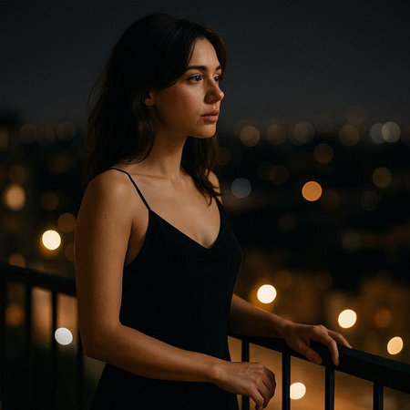 Portrait of a beautiful young brunette woman in a black dress on the background of the night city.の写真素材