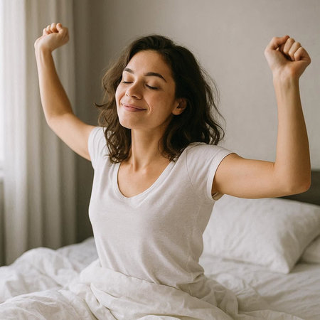 Happy young woman waking up in the morning and stretching on the bedの写真素材