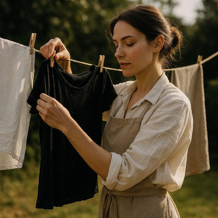 Young woman hanging clothes on a clothesline in the garden. Female housewife