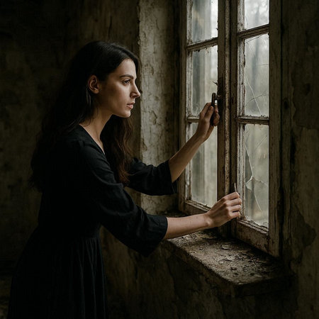 Young woman in a black dress standing near the window in an abandoned house