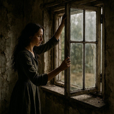 A young woman is standing near the window in the old house.
