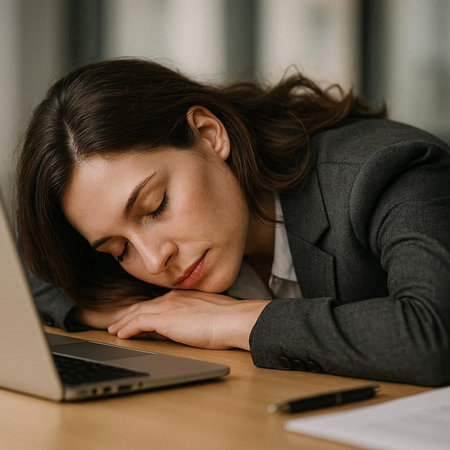 Close up of tired businesswoman sleeping on table with laptop in office