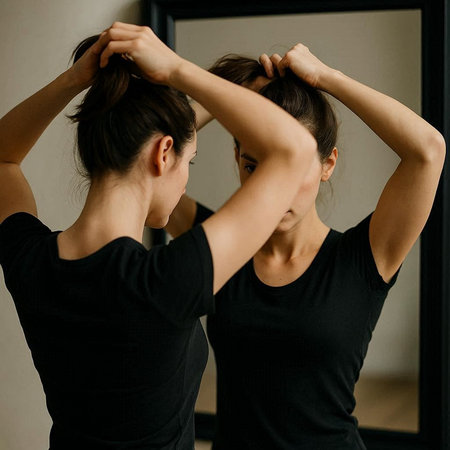 Young beautiful woman in black T-shirt and black pants looking at mirror.の写真素材