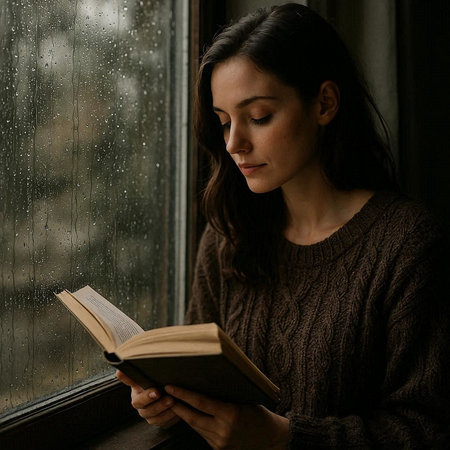 Young woman reading a book by the window in the rainy day.