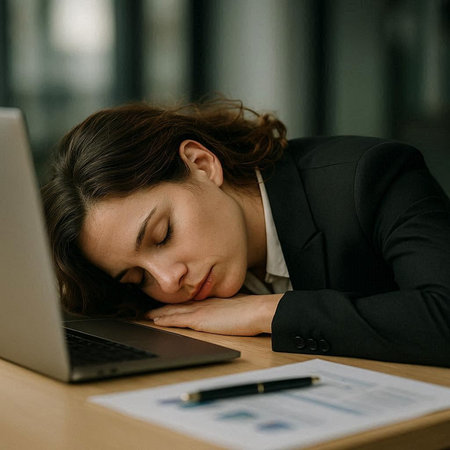 Tired businesswoman sleeping in front of her laptop at office desk