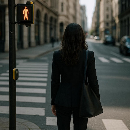Young businesswoman walking in the city. Rear view of a businesswoman crossing the street.