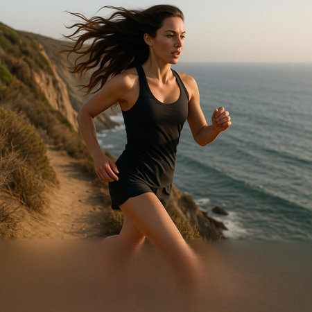 Beautiful young woman running on the beach at sunset. Fitness and healthy lifestyle.