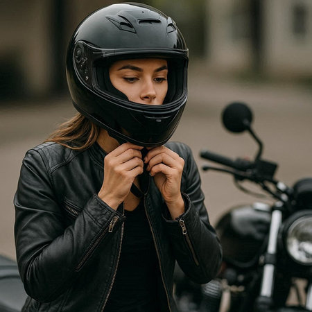 Biker girl in black leather jacket and helmet on a motorcycle.