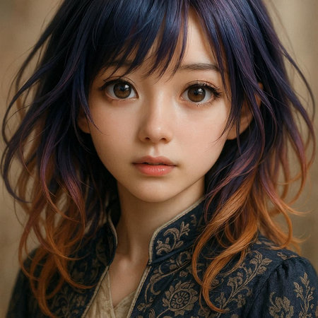 portrait of a beautiful young girl with purple hair and blue eyes