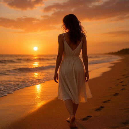 Beautiful woman in white dress walking on the beach at sunset.の写真素材