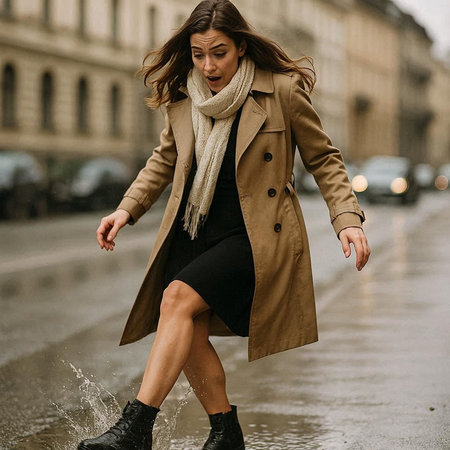 beautiful young woman in a coat and scarf walking in the rainの写真素材