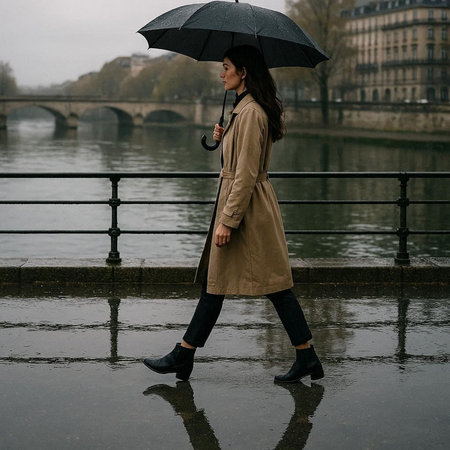 Beautiful young woman in trench coat with umbrella walking on a rainy day.