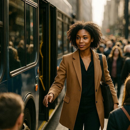 Beautiful african american woman walking in the city with a bus