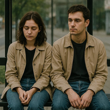 Young couple sitting on a bench in the street, sad and depressed.