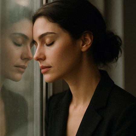 Portrait of a beautiful young woman in a black suit looking out the window