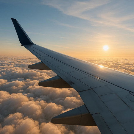 Wing of an airplane flying above the clouds at sunset. View from the window