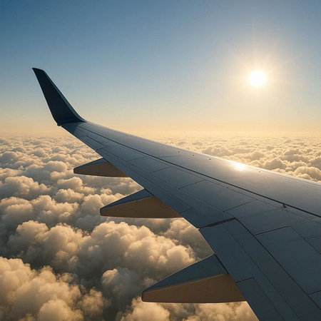 Wing of an airplane flying above the clouds. 3d render.