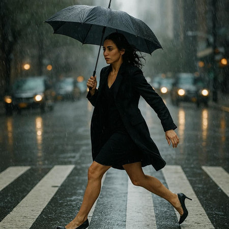 Beautiful woman with umbrella walking on the street in rainy weather.