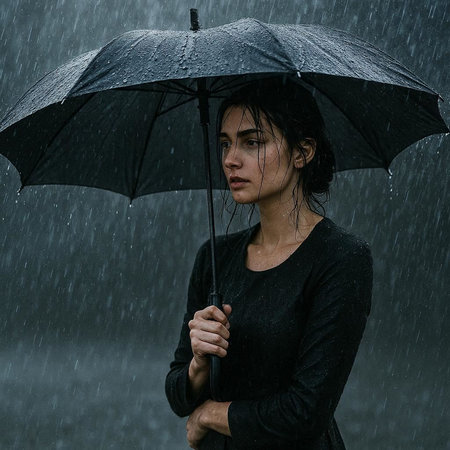 Young woman in black dress with umbrella in rain. Rainy day.