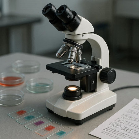 Microscope on a table in a laboratory. Scientific research and development concept.