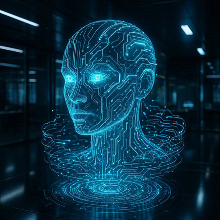 3d rendering artificial intelligence cyborg head with circuit board in modern office