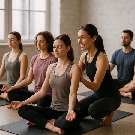 Yoga class. Group of young women in sportswear practicing yoga indoors.