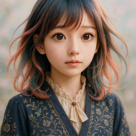 Portrait of a beautiful asian girl with pink hair and blue eyes.の写真素材