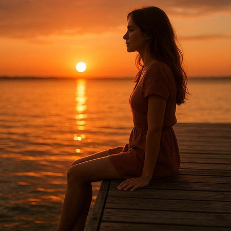 Beautiful young woman sitting on a pier and enjoying the sunset.の写真素材