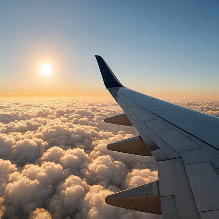 View from the window of an airplane flying above the clouds at sunset