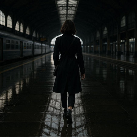 Woman in black coat at the train station. 3d rendering.の写真素材