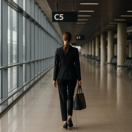 Back view of young business woman in black suit walking in the airport