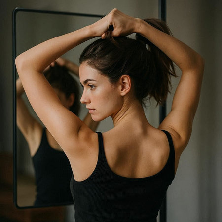 Portrait of a beautiful young woman in a black tank top standing in front of a mirror.