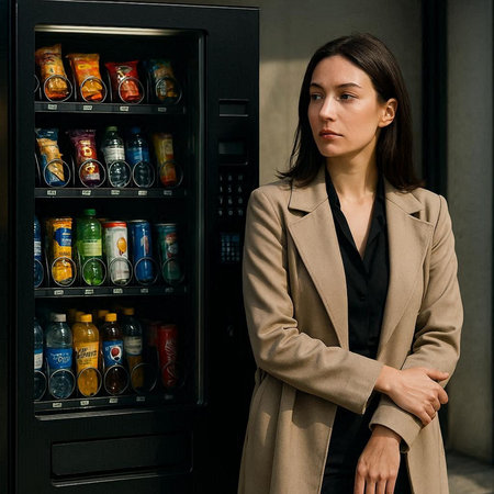 Young woman in a beige coat near a vending machine with cold drinks