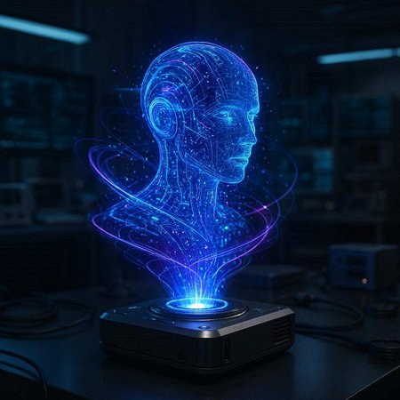 Artificial intelligence hologram with human head. 3D rendering.