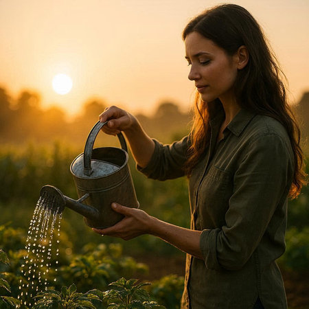 Young woman watering the plants in the garden at sunset. Selective focus.の写真素材