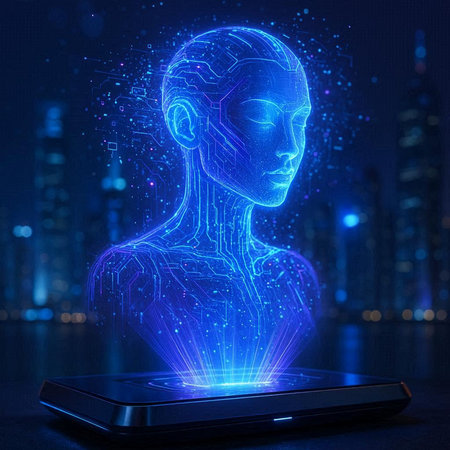 Abstract artificial intelligence hologram with human head on smartphone screen. 3D Rendering