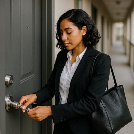Young businesswoman using mobile phone while standing at the door of office building