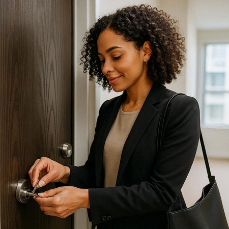 african american businesswoman opening door with key in her hand