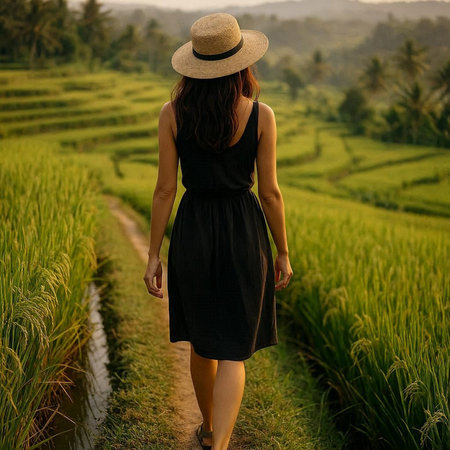 Beautiful asian woman wearing black dress and straw hat walking on rice field in Bali, Indonesia