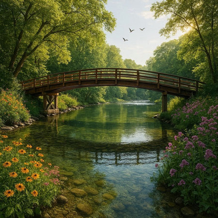 Wooden bridge over the river in the park. Summer landscape.