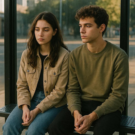 Portrait of a young couple sitting on a bus stop and looking at the camera
