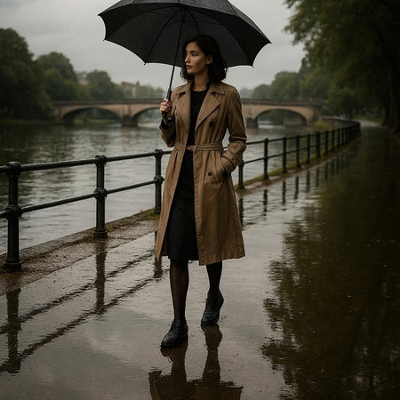 Beautiful brunette girl in a raincoat and black umbrella on the bridgeの写真素材
