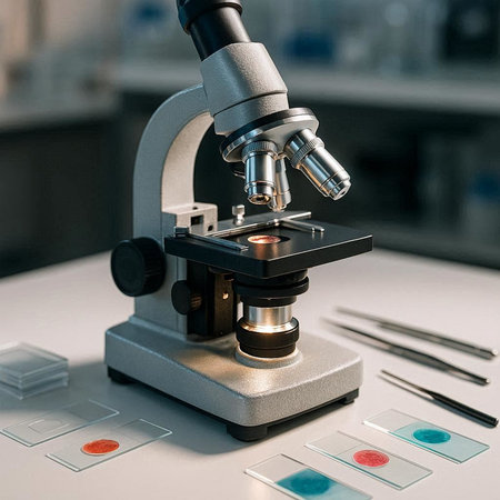 Microscope in the laboratory. Scientific research and development of medical equipment.